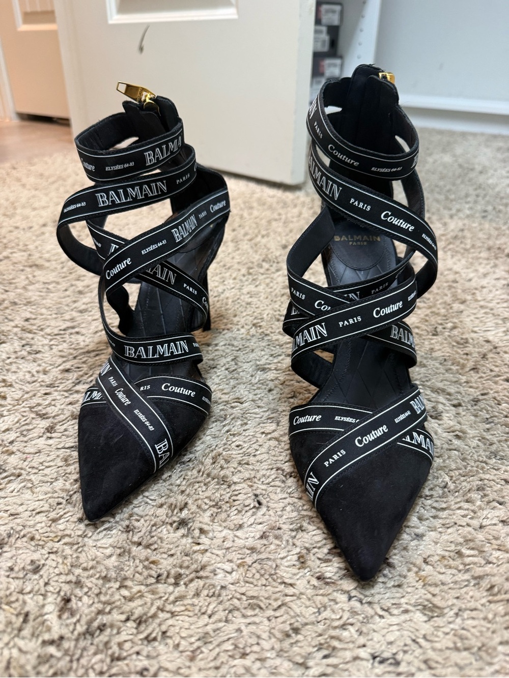 Balmain Black Branded Wrap-Around Pointed Toe Heels